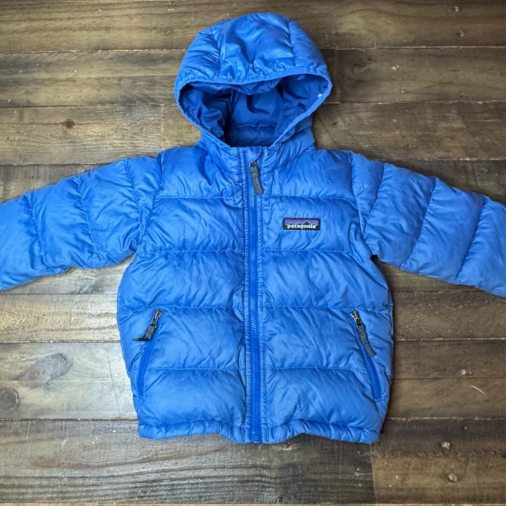 Patagonia Toddler Hi-Loft Down Sweater Hoody Jacket Blue 12-18 Months